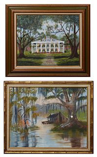 Dee Deidrich (American), "Oak Alley Plantation," 1998 and "Cabin in the Swamp," 1977, acrylic on canvas, first signed and dated lower right, dedicated