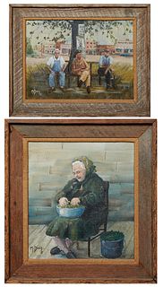 M. Davis (American), "Old Liars Bench," and "Portrait of an Old Woman Cutting String Beans," 1975, pair of oils on board, both signed and dated lower 