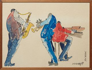 Leo Meiersdorff (1934-1994, German/ American), "Jazz Musicians," 1969, watercolor on paper, signed and dated lower right, presented in a wood frame, H