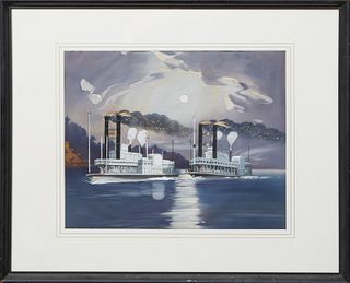 Southern School, "Midnight Race on the Mississippi," late 20th c., gouache on silk, after the Currier and Ives original, unsigned, presented in an ebo