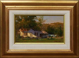 John Michael Pototschnik (American), "A Moment in the Life of...," late 20th c., oil on board, signed lower right, titled en verso, artist biography i