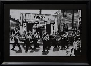 New Orleans School, "George Williams Brass Band," 20th c., charcoal on paper, signed and dated indistinctly lower right, presented in a wood frame, H.