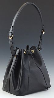 Louis Vuitton Noe PM Shoulder Bag, in black epi calf leather with golden brass hardware, opening to a black calf leather lined interior, H.- 10 in., W