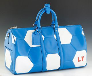 Louis Vuitton Limited Edition Fifa World Cup, 2018 Keepall, in blue and white world cup epi calf leather with silver brass hardware, opening to a blac