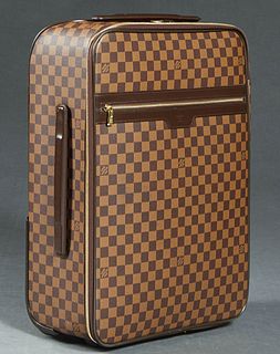 Louis Vuitton Pegase 50 Suitcase, in a brown Damier Ebene coated canvas, with brown leather accents and golden brass hardware, opening to a black nylo