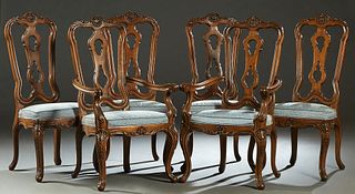 Set of Six (4 +2) Contemporary Queen Anne Style Carved Beech Dining Chairs, 20th c., consisting of two armchairs and four sides, the arched shell carv