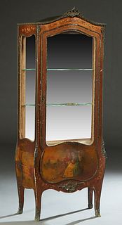 Louis XV Style Ormolu Mounted Vernis Martin Bombe Vitrine, early 20th c., the arched top with a pierced ormolu leaf form crest over a door with a curv