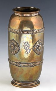 Sterling Relief Decorated Baluster Vase, early 20th c., by Towle, # 25241, of tapering form, with two applied relief decorative belts, flanking four a