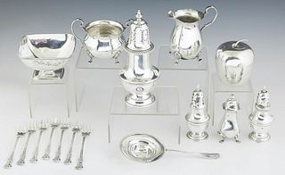 Group of Sixteen Sterling Items, consisting of a square footed candy dish by Towle, #926; an apple form covered box by Wallace, #4182; a tea strainer 