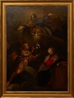 Old Master School, "The Annunciation," 19th c., oil on canvas, unsigned, presented in a gilt frame, H.- 35 1/8 in., W.- 25 1/4 in., Framed H.- 40 3/8 