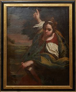 Old Master School, "St. Catherine," 18th c., oil on canvas, unsigned, presented in a gilt and ebonized wood frame, H.- 23 1/2 in., W.- 18 in.; framed 