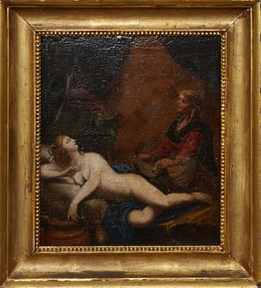 Old Master School, "Odalisque and Attendant," 19th c., oil on canvas laid to board, painted in an Orientalist style, unsigned, presented in a gilt woo