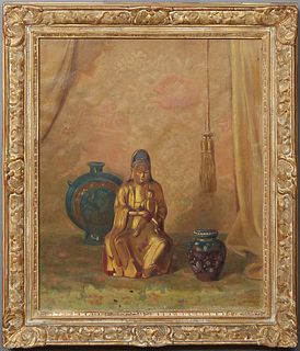 Arthur William Woelfle (1873-1936, New Jersey), "Buddha and Child," 20th c., oil on canvas, signed lower right, Christie's Auction label en verso, pre