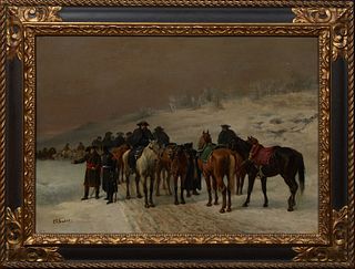 Louis Charles Bombled (1862-1927, France), "Napoleon and French Calvary During the Russian Campaign in Winter," late 19th/early 20th c., oil on canvas