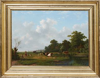 Maurits van de Kerkhof (2830-1908, Dutch), "Country Landscape with Cows, Milkmaid and Shepherd," 19th c., oil on panel, signed lower right, presented 