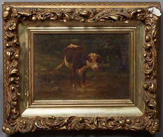 Henry Carey (American), "Cow in the Creek," 19th c., oil on canvas, signed lower left, presented in a gilt wood frame, H.- 9 1/2 in., W.- 13 1/2 in., 