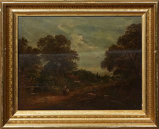 Continental School, "Landscape with Figure on Path," 19th c., oil on panel, unsigned, presented in a gilt frame, H.- 13 1/2 in., W.- 17 3/4 in., Frame