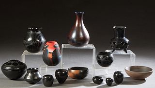 Fourteen Pieces of Mexican Pottery, 20th/21st c., ten black, two brown, and two unglazed, one piece signed by Paty Quezada, one by Martha Villapando, 