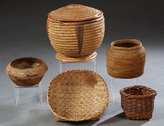 Group of Five Native American Woven Baskets, 20th c., one lidded, one Modoc Klamath, Covered- H.- 9 in., Dia.- 9 1/2 in. (5 Pcs.)