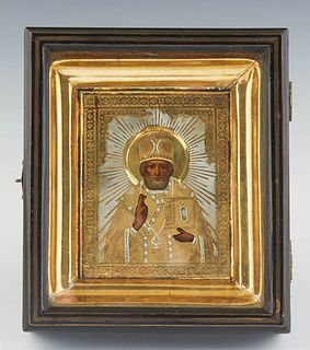 Cased Gilt Sterling Oklad Icon of St. Nicholas, with a maker's mark for Yakov Borisov, and an assayer's mark for Viktor Sabrikov, 1887, presented in a