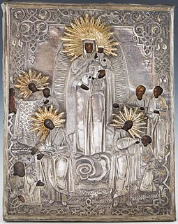 Russian Icon of The Virgin Mary and Saints, 19th c., with a silverplated brass oklad, on a curved wooden panel, H.- 12 1/4 in., W.- 9 1/2 in. Not Ster