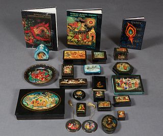 Twenty-Three Pieces of Russian Hand Painted Lacquerware, consisting of a pair of circular porcelain plaques, a photo album, a circular porcelain plate