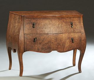 French Louis XV Style Burled Walnut Commode, early 20th c., the bowed banded top over two deep bowed drawers, flanked by bombe sides, on cabriole legs