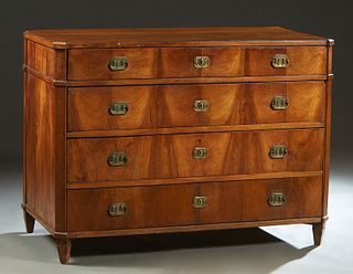 French Provincial Louis Philippe Carved Mahogany Commode, 19th c., the stepped canted corner top over a long frieze drawer and three deeper drawers, f