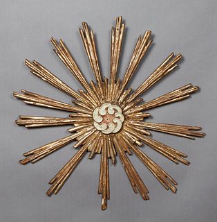 Italian Carved Wooden Sunburst Wall Decoration, late 19th c., with traces of original gilt and polychromy, H.- 1 1/2 in, Dia.- 25 in.