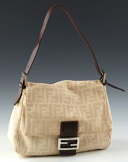 Fendi Mamma Baguette Shoulder Bag, in light beige zucca canvas with dark brown leather accents and silver brass hardware, opening to a dark brown canv