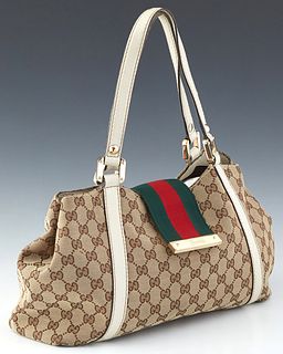 Gucci Web Flap Tote Bag, in beige monogram canvas with ivory leather accents and gold hardware, opening to a dark brown canvas lined interior with a s