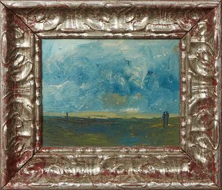 Gustavo Duque (New Orleans/Colombia), "Stormy Landscape," 20th c., oil on canvas, signed verso, presented in a silvered carved frame, H.- 7 1/2 in., W