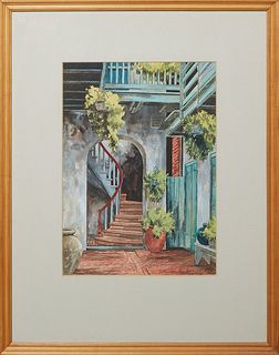 Eugene E. Loving (1908-1971, New Orleans), "French Quarter Courtyard," 20th c., watercolor on paper, illegible note en verso, presented in a wood fram