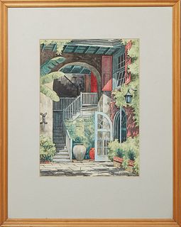 Eugene E. Loving (1908-1971, New Orleans), "Brulatour Courtyard," 20th c., watercolor on paper, signed lower right, titled en verso, presented in a wo
