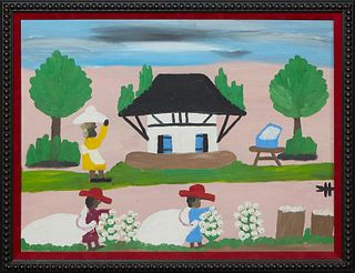 Clementine Hunter (1886–1988, Louisiana), "Cotton Picking with African House," c. 1965, oil on canvas board, presented in a black frame with red velve