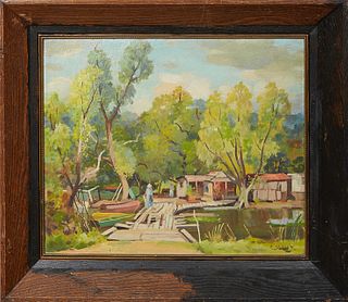 Clarence Millet (1897-1959, Louisiana), "Bayou Bridge," 20th c., oil on panel, signed lower right, also titled and signed en verso, presented in a woo