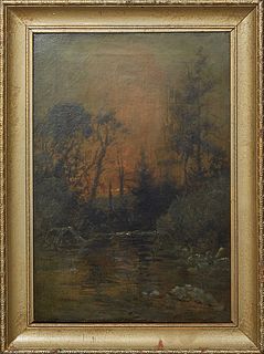 Louisiana School, "Sunset in the Swamp," late 19th c., oil on canvas,, signed indistinctly lower right, presented in a wide gilt frame, H.- 18 in., W.