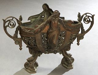 Art Nouveau Patinated Bronze Oval Center Bowl, early 20th c., the pierced sides with central high relief female figures, flanked by leaf and berry rel