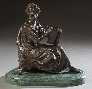 Patinated Bronze Figure of a Seated Classical Scholar, 20th/21st c., writing in a book, on a stepped oval green figured marble base, Statue- H.- 11 1/