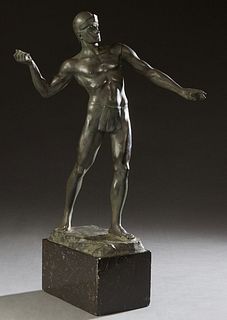 Julius Paul Schmidt-Felling (1835-1920, German), "The Javelin Thrower," late 19th c., patinated bronze, signed on rear of the integral base, on a blac