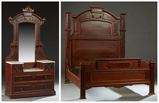 American Eastlake Carved Walnut Two Piece Bedroom Suite, c. 1890, consisting of a highback double bed with an arched headboard flanked by tapered rect