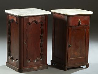 Two American Carved Mahogany Marble Top Nightstands, 19th c., one with an indented white marble over a frieze drawer and a cupboard door, on a plinth 