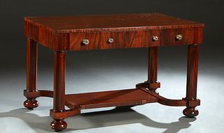 American Empire Writing Table, 20th c., the rectangular top over three frieze drawers with glass knobs, on cylindrical legs with ball feet, joined by 