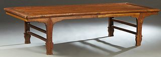 Chinese Ming Dynasty Carved Elm Single Bed/Coffee Table, 19th c., the thick top over a curved skirt, on tapered reeded shaped square legs, joined by r