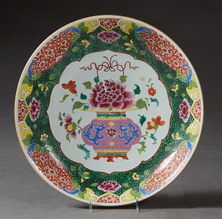 Large Chinese Porcelain Bowl, 19th c. , with a wide floral border around a reserve of flowers and a flower filled urn, H.- 2 1/4 in., Dia.- 15 in.