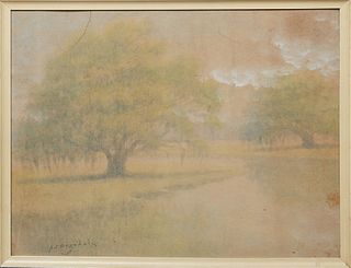 Alexander J. Drysdale (1870-1934, Louisiana), "Lousiana Bayou Scene," 20th c., oil wash on board, signed lower left, presented in a painted wood frame