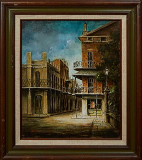 James Hussey (1931-, New Orleans), "Chartres St. at Jackson Square," 20th c., oil on canvas, signed lower left, verso with the artist's card for "The 