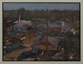Phil Sandusky (1957-, Louisiana), "Destroyed Lower 9th Ward Neighborhood," 2005, signed and dated lower right, with Cole Pratt Gallery sticker en vers