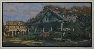Phil Sandusky (1957-, Louisiana), "House on Pine and Hampson," 2008, oil on canvas, signed and dated lower right, with Cole Pratt Gallery label and ar
