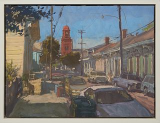 Phil Sandusky (1957-, Louisiana), "Dauphine Street Between Clouet and Louisa, Plate # 126," 21st c., oil on canvas, signed lower left, with Cole Pratt
